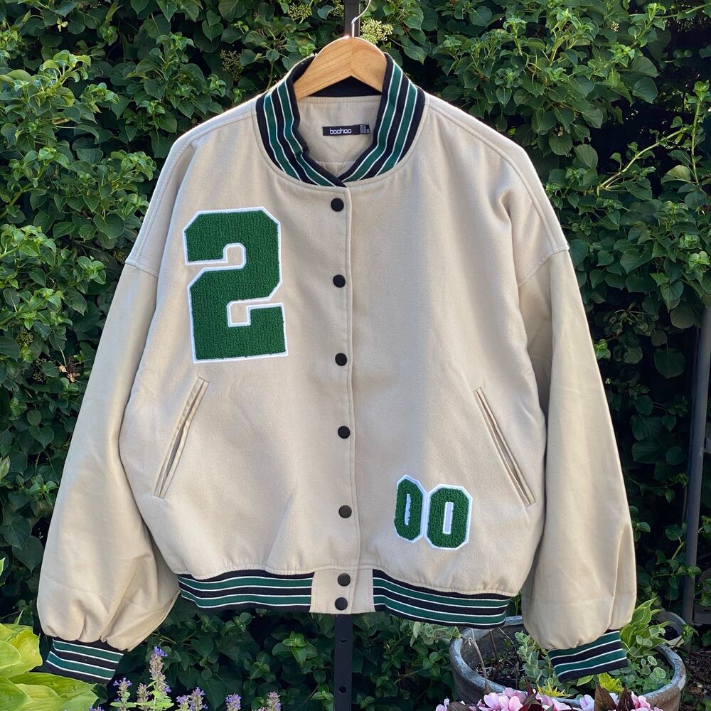 Mixed Media Varsity Jacket Cream, Black & Green Patchwork Details Preppy Chic